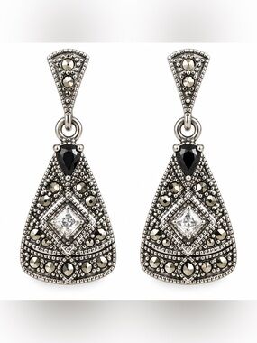 Art Deco Marcasite Style Black Stone Drop Earrings Silver Tone
